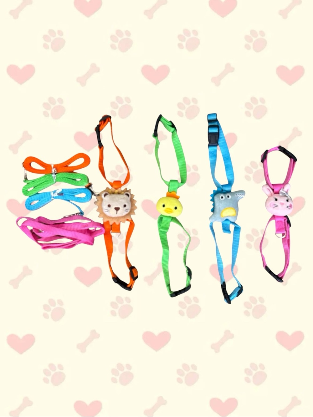 NWOB Set of 4 Small Pet Harness & Leash Sets with Animal Plush Details